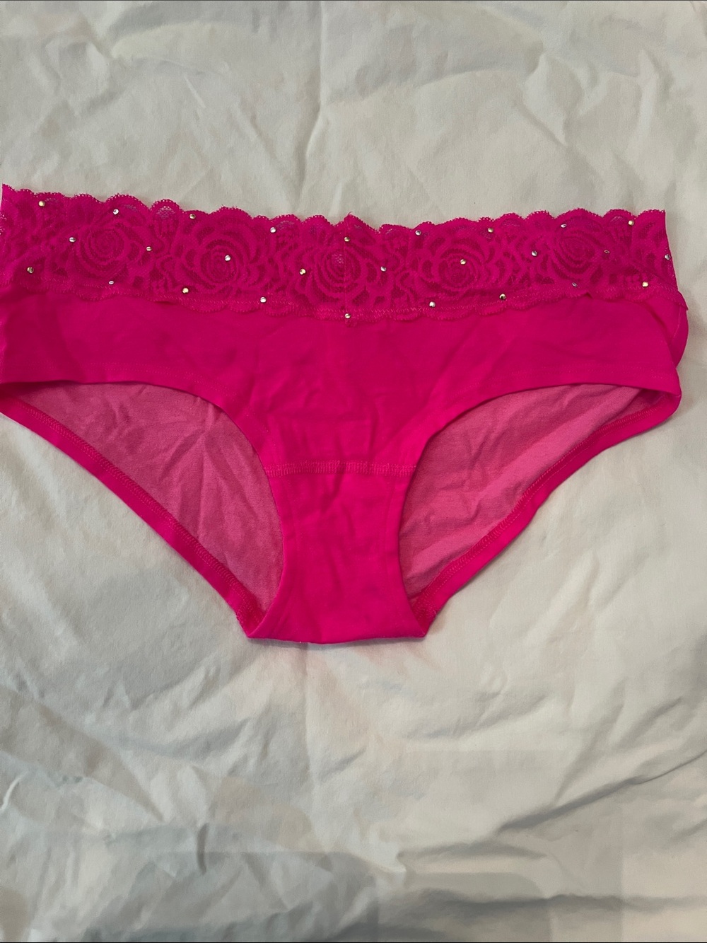 NWT VS Lace Trim Rhinestone Hipster Panty - Hot Pink